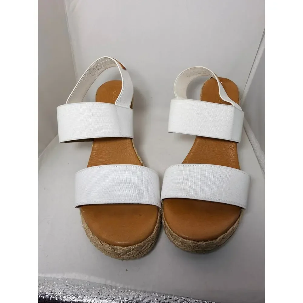 André Assous White Elastic Espadrille Wedge Sandals Made in Spain Size 37